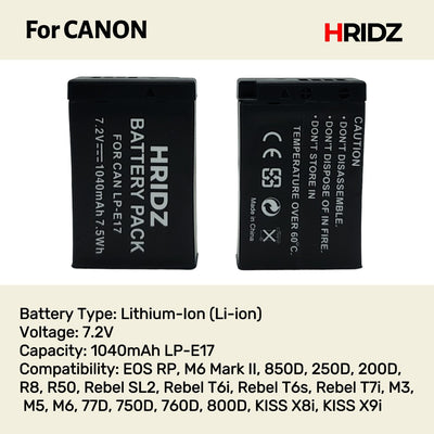 Hridz LP-E17 Battery & Charger Kit – 2 Batteries + Dual USB Charger for Canon EOS R8, R50, RP, M6, 200D, 77D, 800D