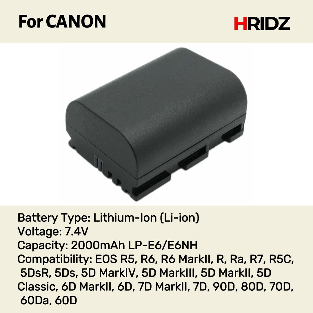Hridz LP-E6 / LP-E6NH Replacement Battery for Canon EOS R7, R6, 5D, 6D, 7D, 80D, 70D, 60D