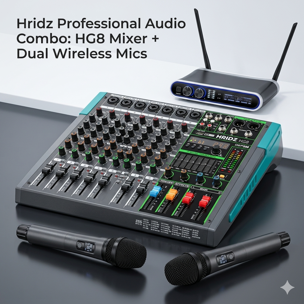Hridz Pro Audio Combo: HG8 8-Channel Mixer & UR-109 PRO Dual Wireless Microphones