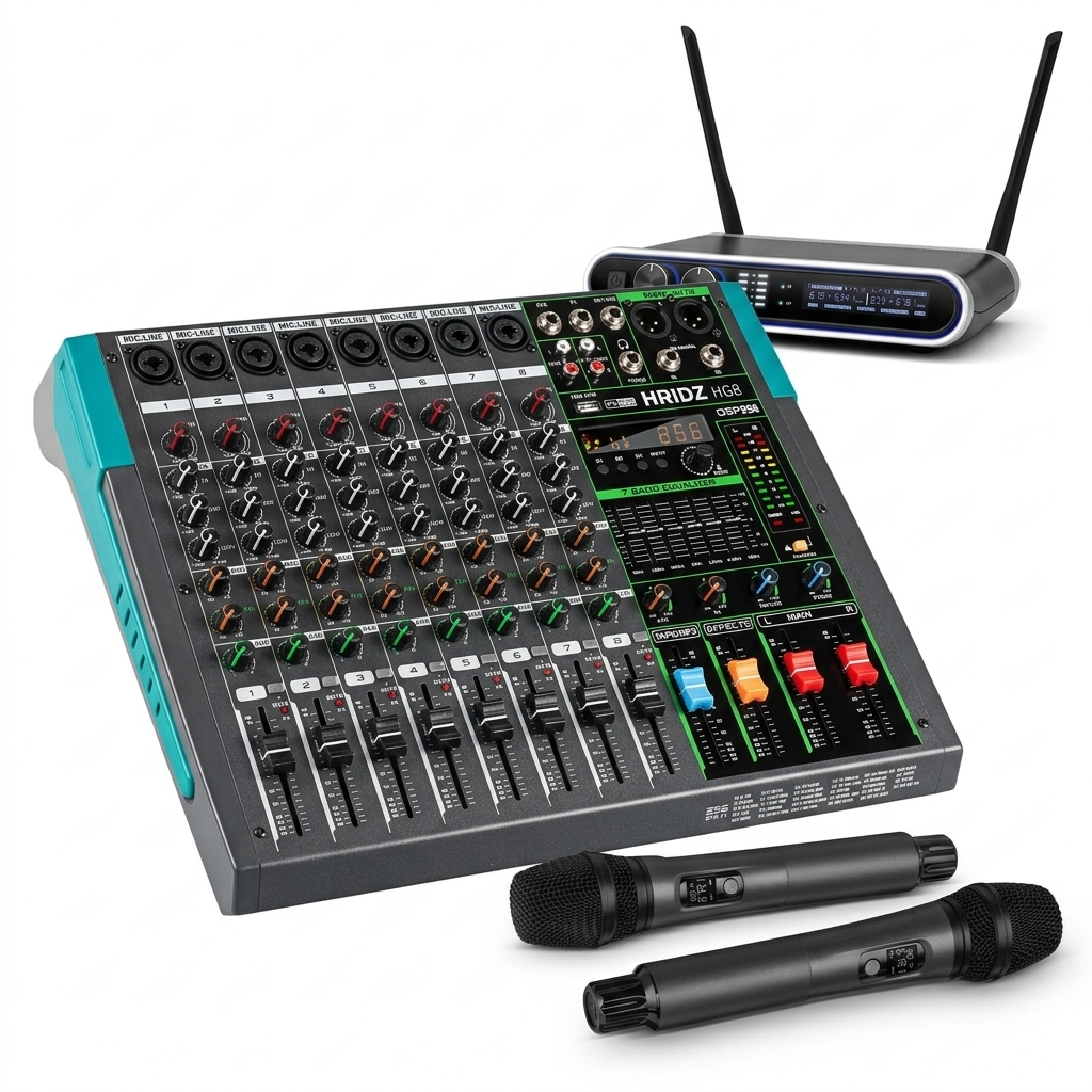Hridz Pro Audio Combo: HG8 8-Channel Mixer & UR-109 PRO Dual Wireless Microphones