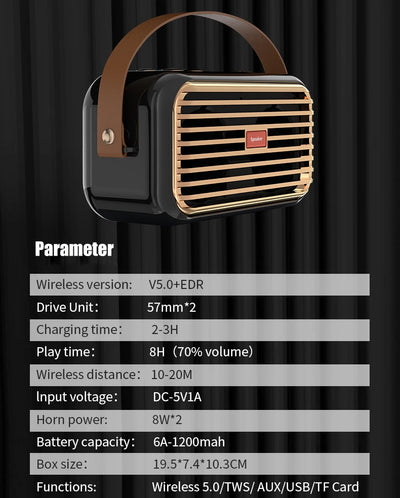 Hridz Retro Portable Bluetooth 5.0 Speaker – Stereo HiFi Sound, 1200mAh Battery, AUX & USB