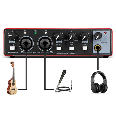 Hridz USB Audio Interface 2-In2-Out Sound Card with 48V Phantom Power, Loopback & Zero-Latency Monitoring