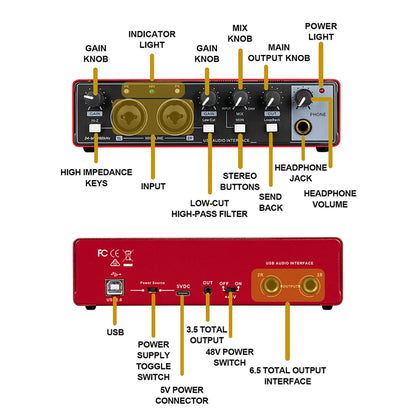Hridz USB Audio Interface 2-In2-Out Sound Card with 48V Phantom Power, Loopback & Zero-Latency Monitoring