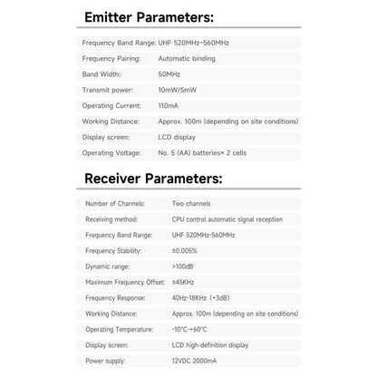 Hridz Wireless UHF Microphone Kit Dual Handheld Mics with 100m Range Receiver for Karaoke Meetings Parties