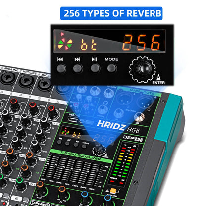 Hridz HG6 6-Channel Professional Audio Mixer Console with Bluetooth, USB, 7 Band Equalizer & DSP Effects