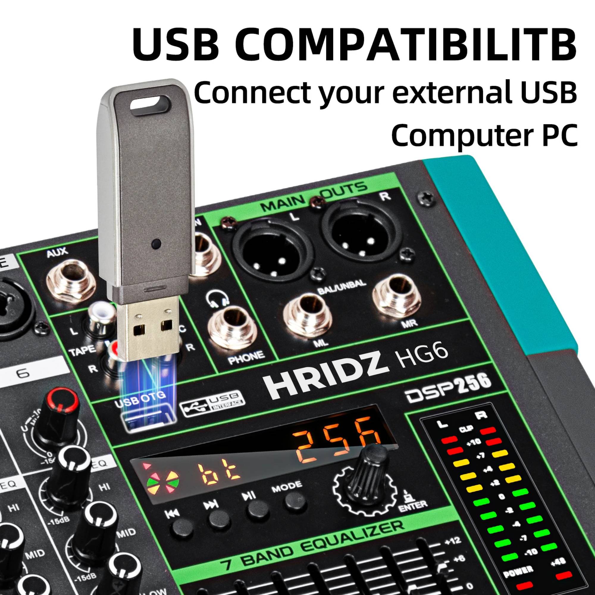 Hridz HG6 6-Channel Professional Audio Mixer Console with Bluetooth, USB, 7 Band Equalizer & DSP Effects