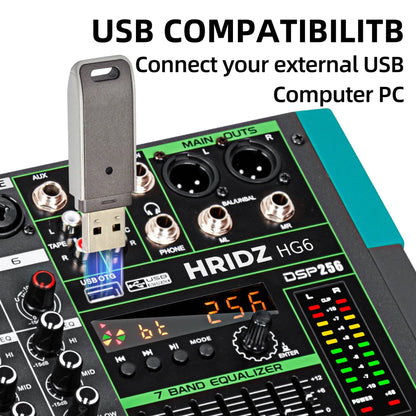 Hridz HG6 6-Channel Professional Audio Mixer Console with Bluetooth, USB, 7 Band Equalizer & DSP Effects