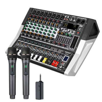 Hridz KG-8 powered audio mixer with two U8 wireless microphones and receiver bundle