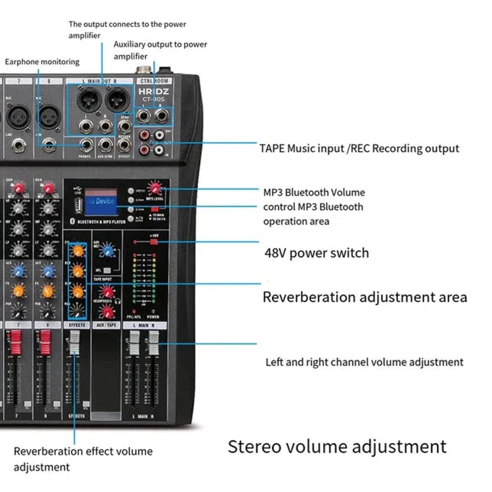 Hridz 8 Channels Audio Sound Mixer Mixing DJ Console USB with 48V Phantom Power
