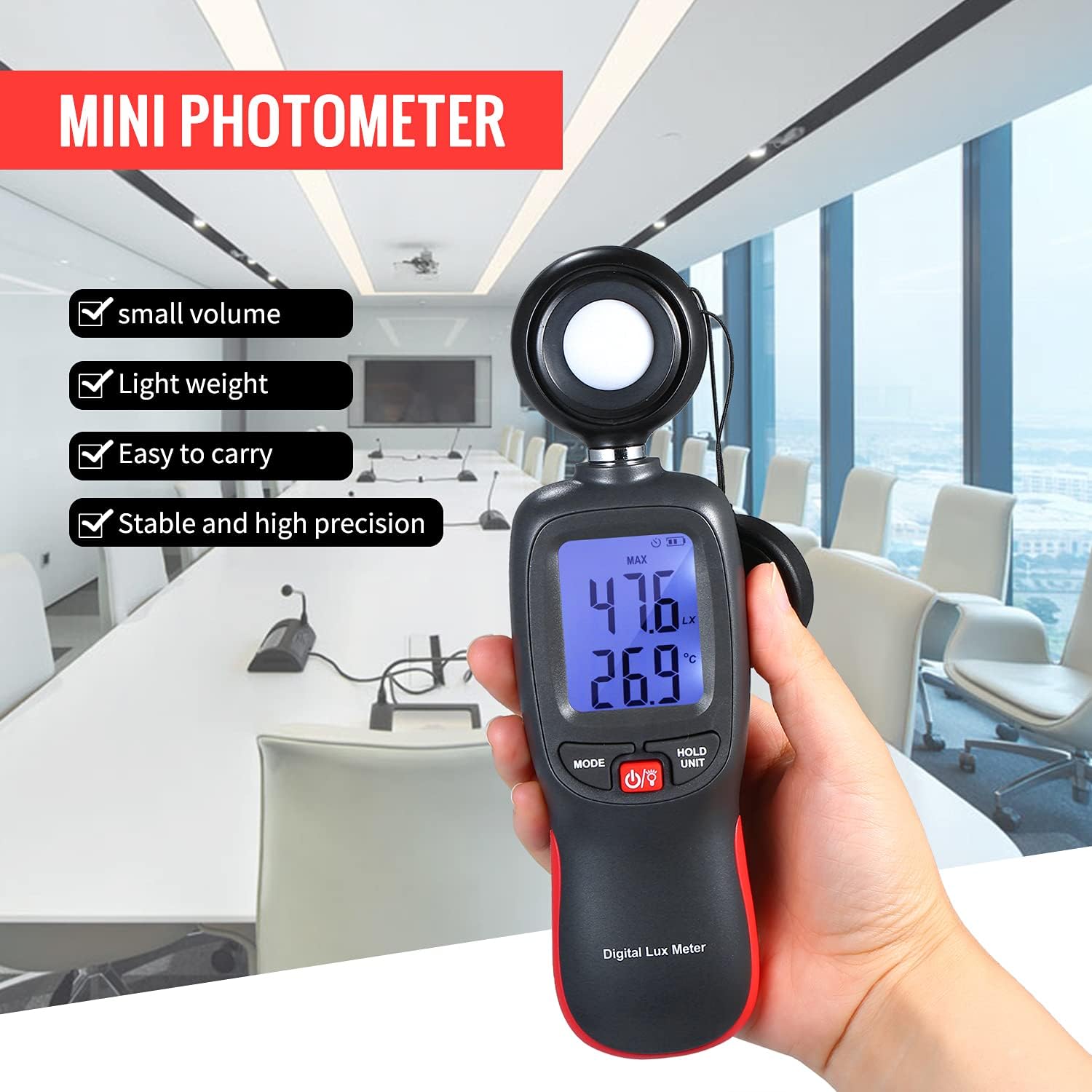 Mini Digital Lux Meter 200000 Lux Light Meter LCD Temp Sensor Max/Min Hold