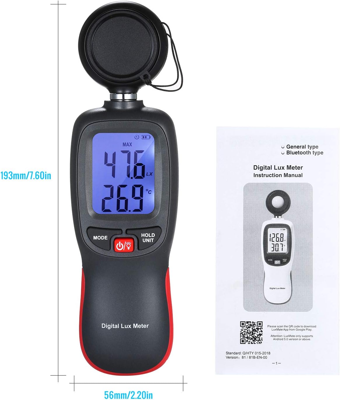 Mini Digital Lux Meter 200000 Lux Light Meter LCD Temp Sensor Max/Min Hold