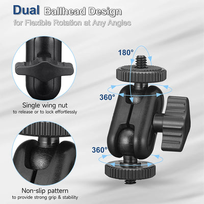 Mini Double Ball Head Magic Arm Mount 360° with 1/4” Screw for GoPro, DSLR, Monitor & Video Light
