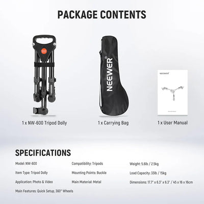 Neewer Heavy Duty Professional Universal Camera Tripod Dolly with 3-inch Rubber Wheels