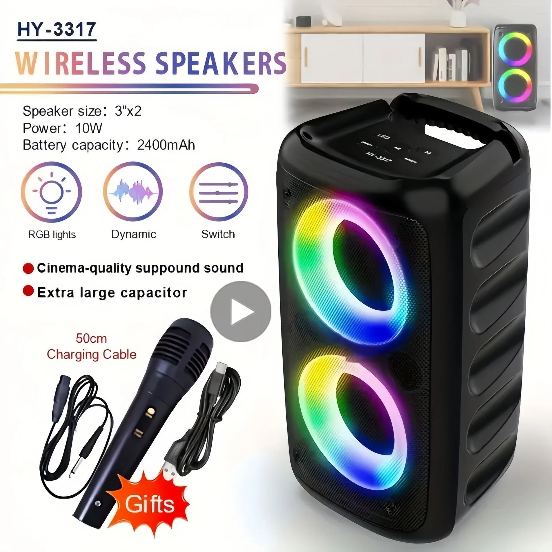 Portable Karaoke Bluetooth Speaker with Wireless Mic & FM Radio - Subwoofer, LED Lights & TWS