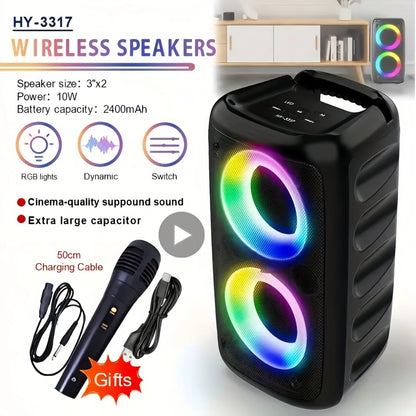 Portable Karaoke Bluetooth Speaker with Wireless Mic & FM Radio - Subwoofer, LED Lights & TWS