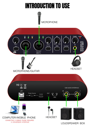 Professional USB Audio Interface: 24-bit/192kHz Sound Card with Loopback & +48V Phantom Power