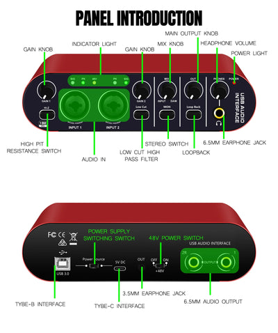 Professional USB Audio Interface: 24-bit/192kHz Sound Card with Loopback & +48V Phantom Power