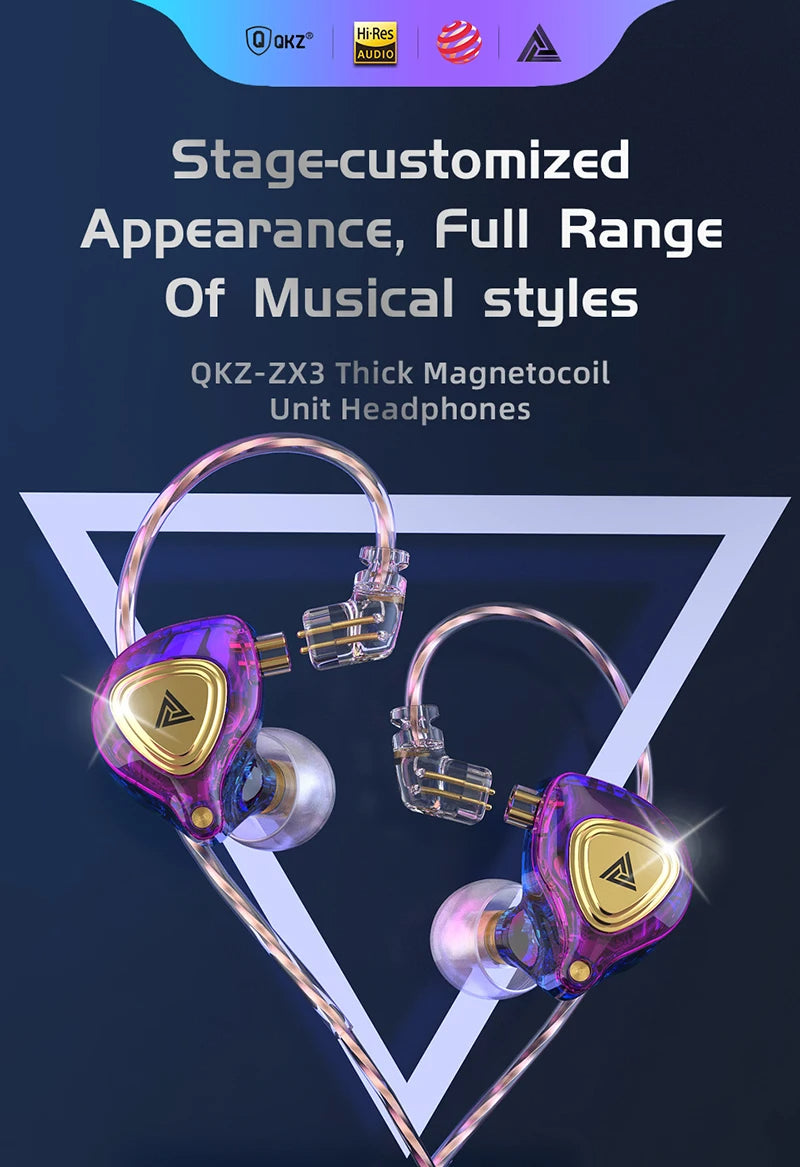 QKZ ZX3 No-Mic Dynamic Earphone In-Ear Monitor HiFi Heavy Bass Wired Headphones IEM