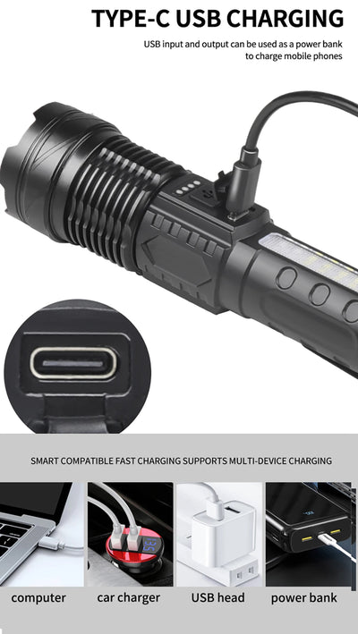 Ultra Bright Torch Powerful GT10 High beam LED Rechargable Flashlight Waterproof Camping Fishing