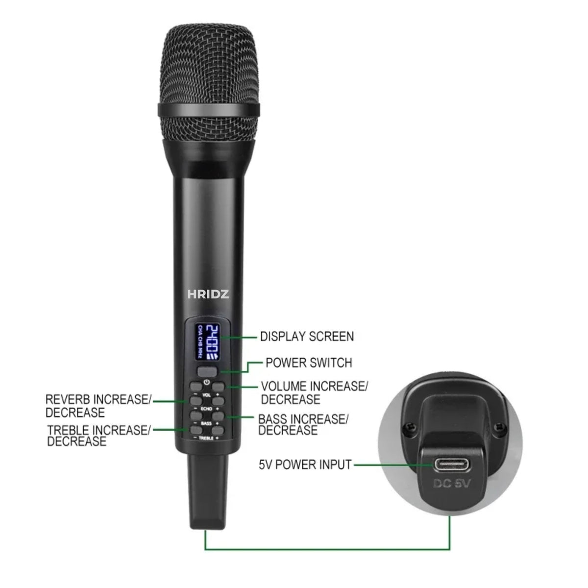 Hridz D100 handheld wireless microphone with labelled display, reverb, bass and treble controls