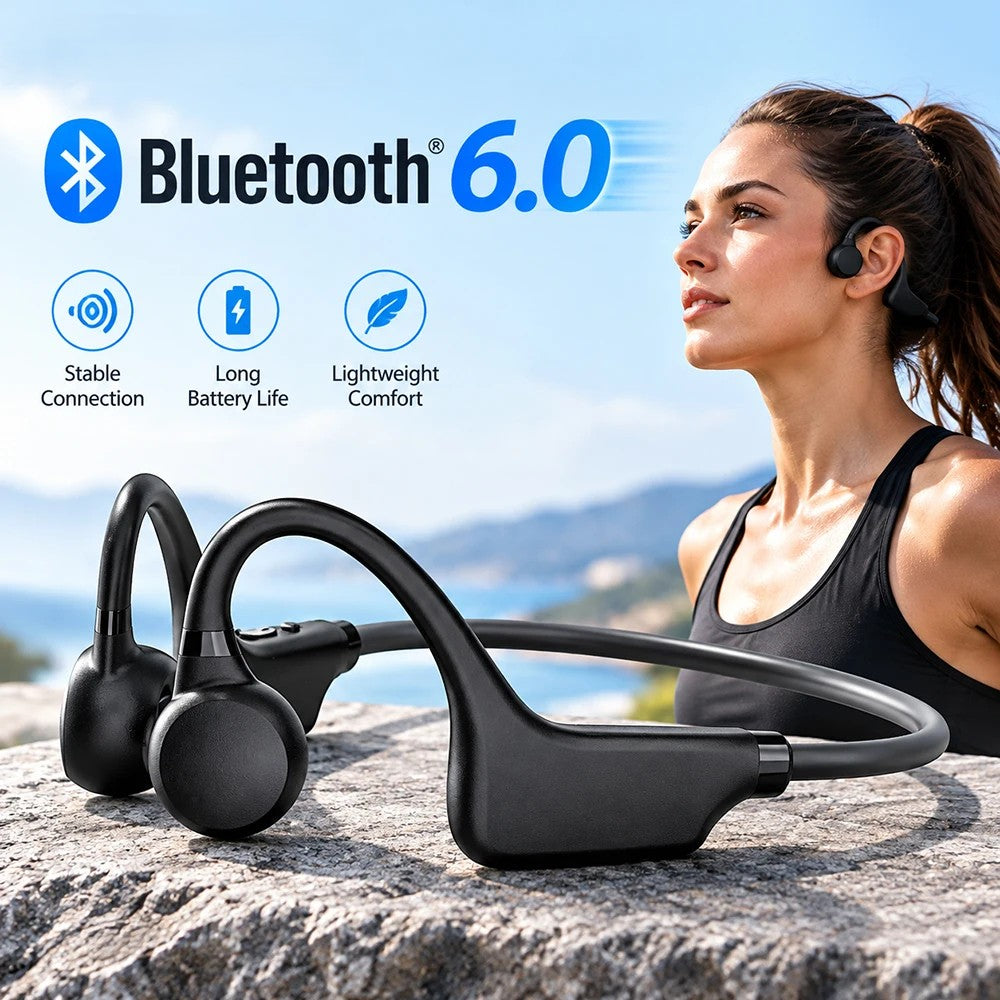Woman wearing Hridz Bluetooth 6.0 open-ear earphones outdoors for running