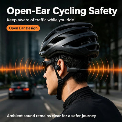 Cyclist wearing Hridz open-ear earphones under helmet to hear traffic