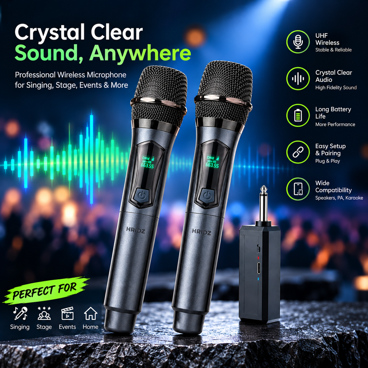 Hridz U8 Rechargeable 2.4GHz Dual Wireless Microphone System for Karaoke, DJ Live Performances
