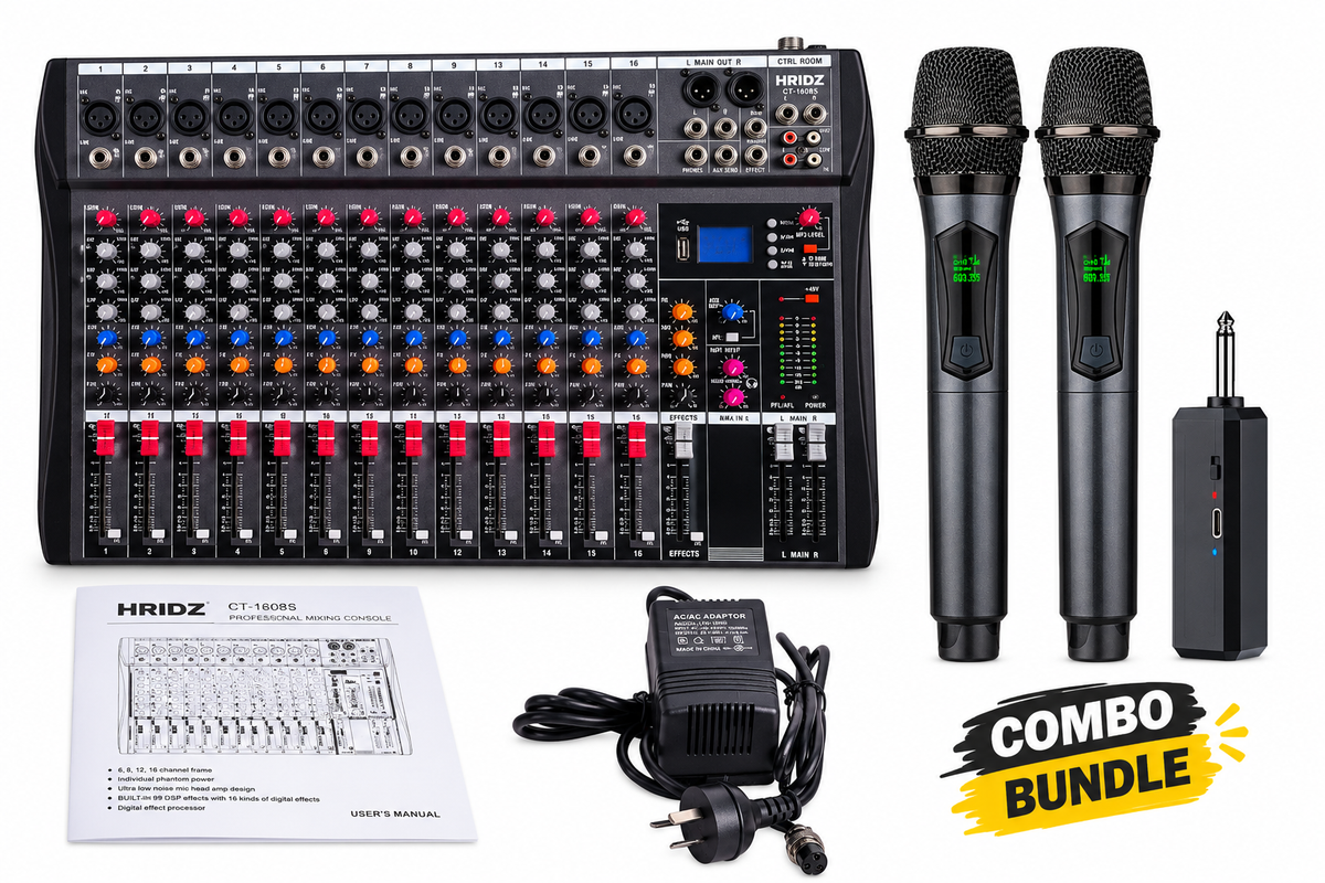 Hridz CT-160S 16-Channel Bluetooth Mixer & U8 Dual Wireless Mic Bundle – 48V Phantom Power, USB, Karaoke