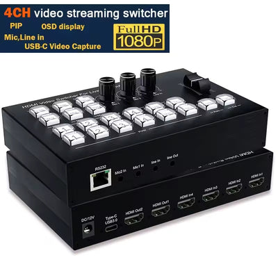 Hridz 4-in-2 HDMI Video Switcher 1080P@60Hz | Live Streaming Mixer Station with PIP, OBS Support & Type-C Capture Port