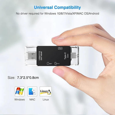 6-in-1 USB 2.0 Type-C & Micro USB OTG Card Reader – SD/TF Memory Card Adapter for Smartphone, Tablet, Laptop & PC