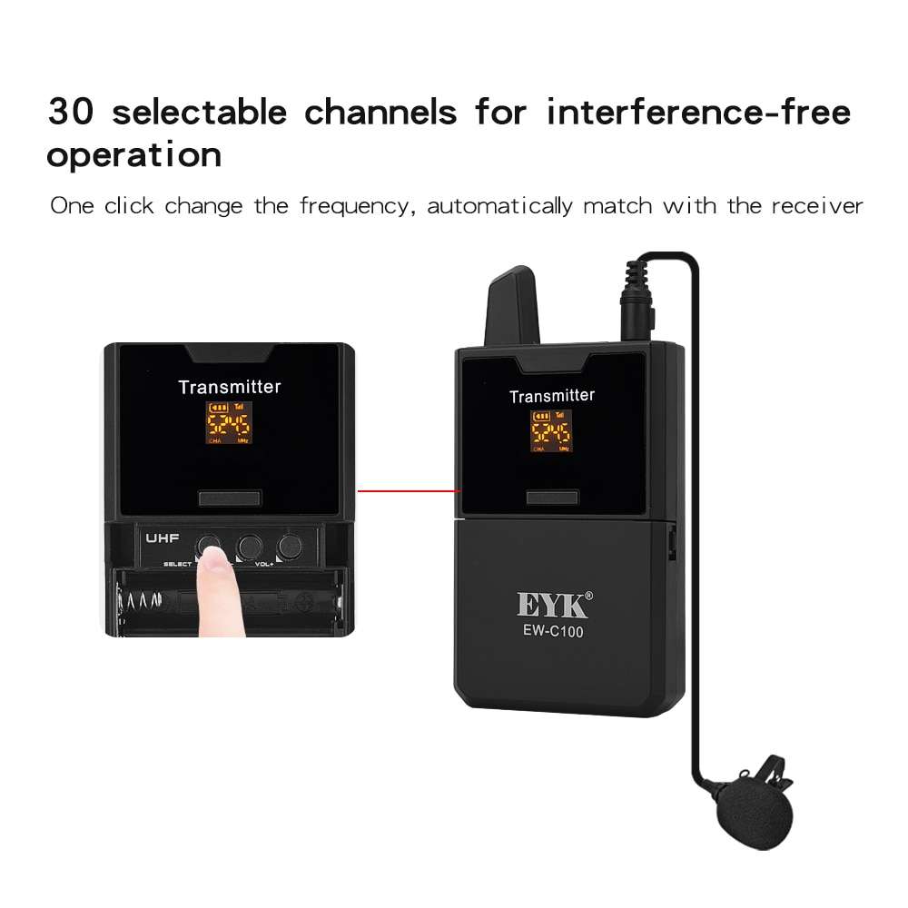 EYK EW-C100 Wireless Lavalier Microphone with Monitor | UHF 30-Channel Lapel Mic for DSLR, Camera, Smartphone & Filmmaking