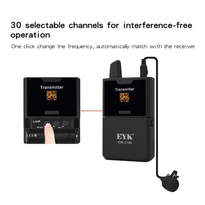 EYK EW-C100 Wireless Lavalier Microphone with Monitor | UHF 30-Channel Lapel Mic for DSLR, Camera, Smartphone & Filmmaking
