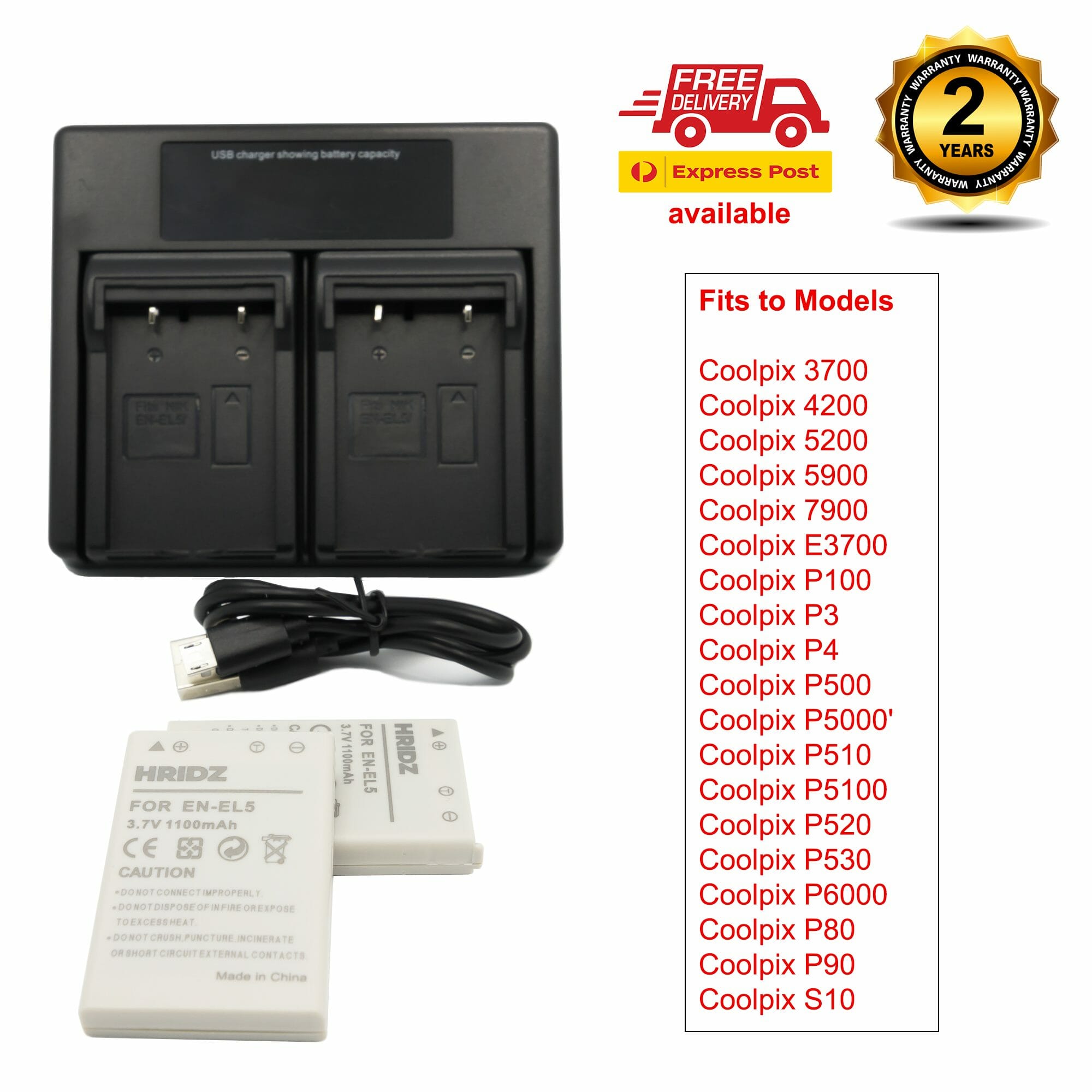 HRIDZ EN-EL5 2*Batterries & Dual Charger For Nikon Coolpix Battery 3700 4200 5200 5900 7900 E3700 P5000