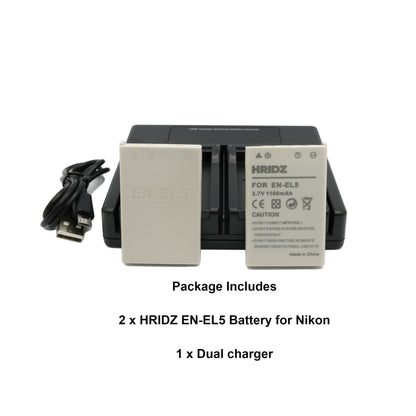HRIDZ EN-EL5 2*Batterries & Dual Charger For Nikon Coolpix Battery 3700 4200 5200 5900 7900 E3700 P5000