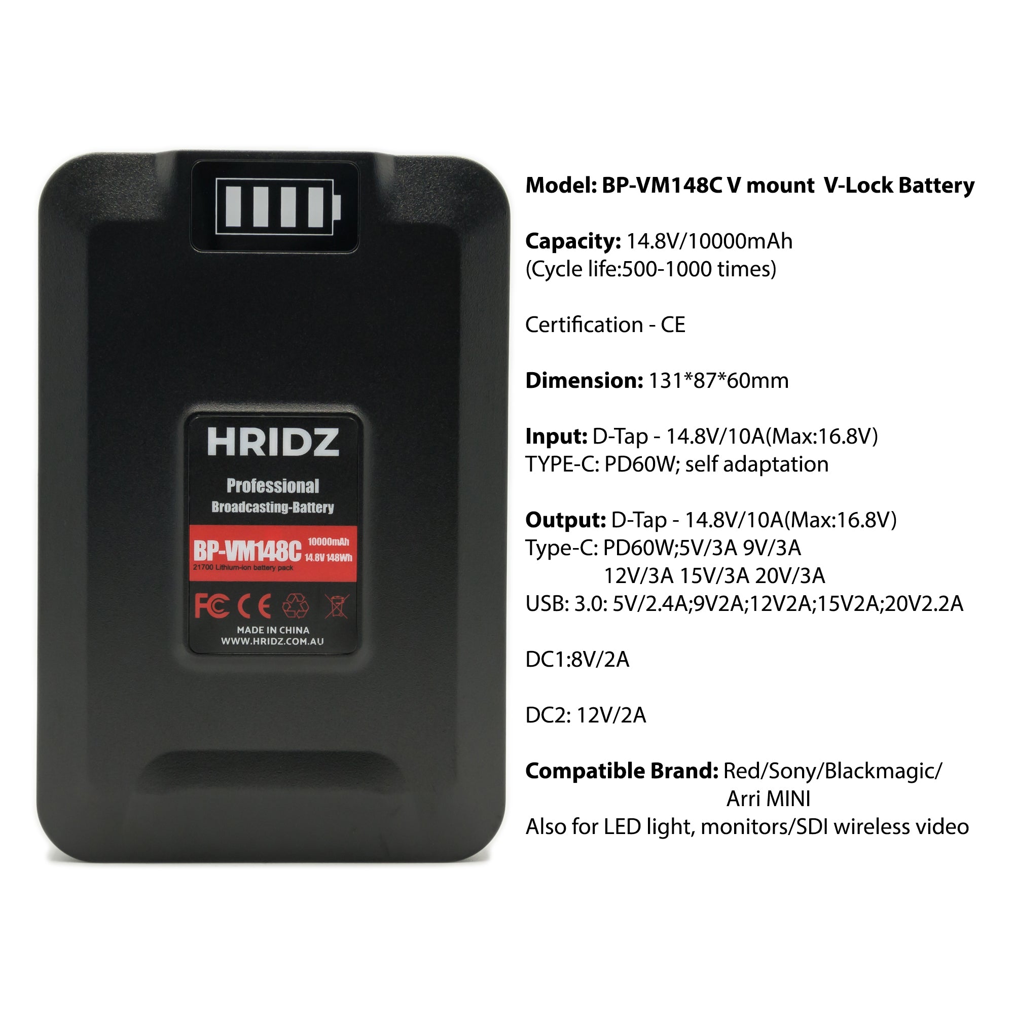 HRIDZ V-Mount V-Lock VM-BP148 Battery – 148Wh 14.8V 10000mAh for Studio Video Production