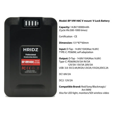 HRIDZ V-Mount V-Lock VM-BP148 Battery – 148Wh 14.8V 10000mAh for Studio Video Production