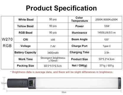 HRIDZ W270 Handheld RGB stick light Ultra-Bright Rechargeable 50CM 2500K-9000K Filmmaking Photography