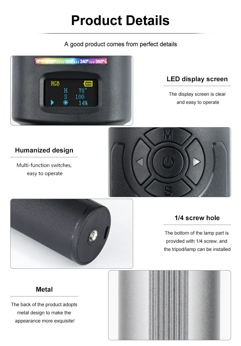 HRIDZ W270RGB 50cm Handheld RGB LED Stick Light – 20W Photography Video Tube Light with 2500K-9000K Adjustable Color Temperature &amp; Rechargeable Battery
