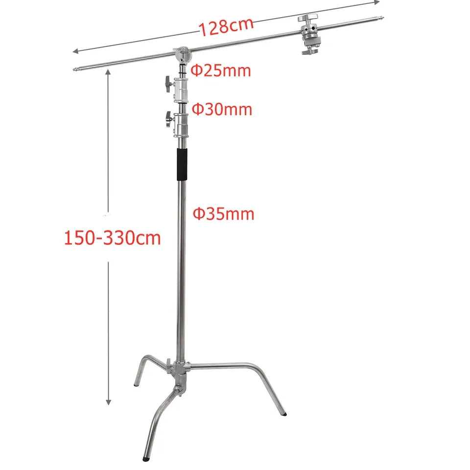 Hridz 3.3m Stainless Steel Heavy Duty C-Stand Century Stand with 1.28m Boom Arm 2 Grip Heads Set