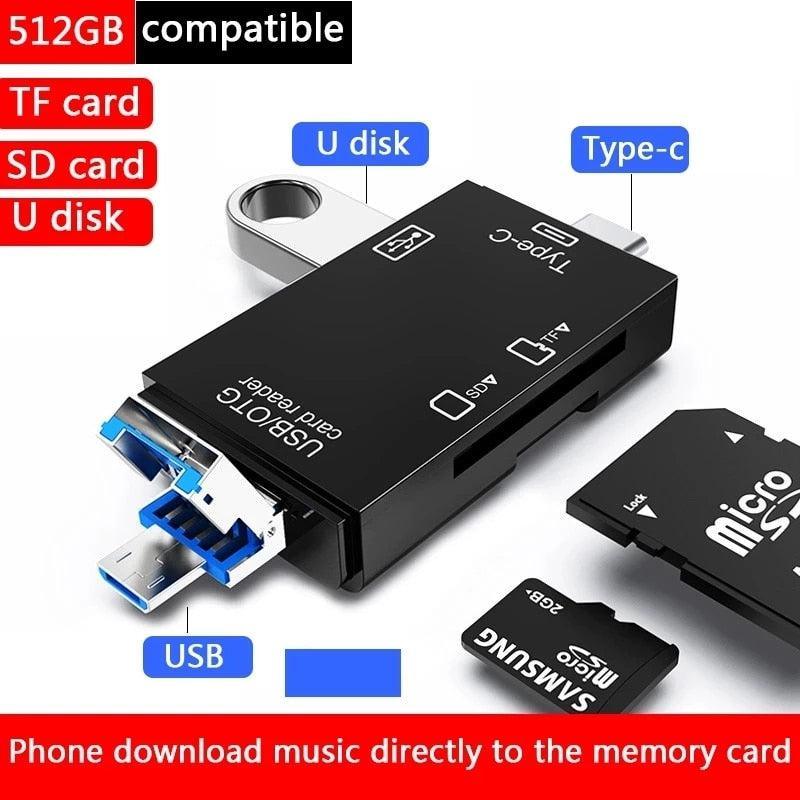 Hridz 6-in-1 USB-C & Micro USB Card Reader — SD/TF Memory Adapter for Phone, Tablet & Laptop