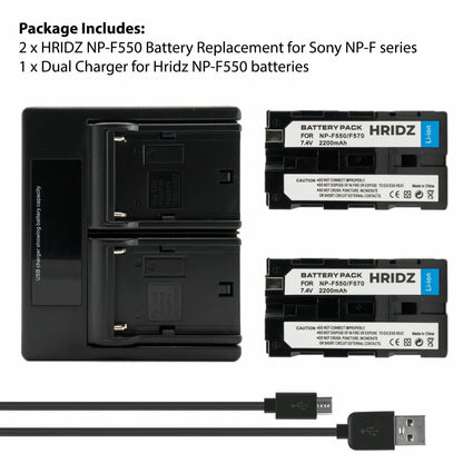 Hridz-NP-F550 2*Batteries & Dual Charger Compatible with Sony NPF 550 970 series