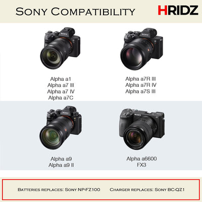Hridz NP-FZ100 Combo Pack for Sony A9 9R A9R A9S A7RIII A7RIV A6600 Battery & Charger